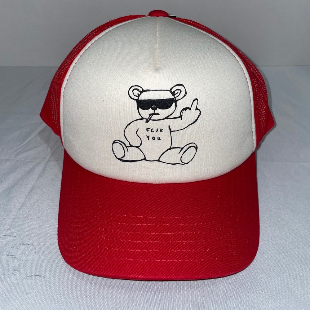 French Connection Red White Smoking Bear Graphic Trucker Hat Snapback Cap NWT